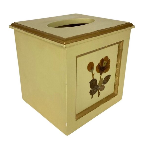 Vintage Wooden Floral Waste Basket and Tissue Box Cover Set Floral Cottagecore - Picture 9 of 15
